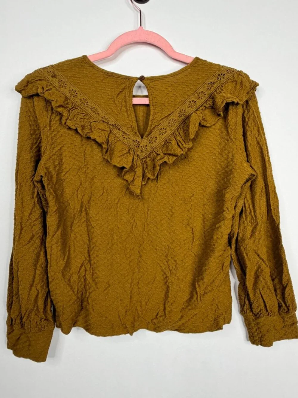 J. Crew Ruffle-Trim Honeycomb-Knit Cotton Top Cypress Olive XS #A3085